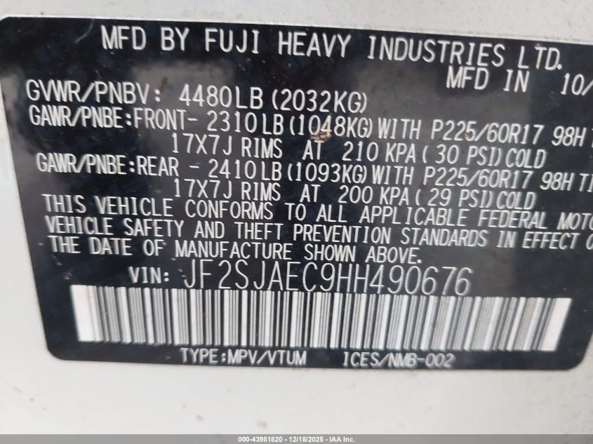 2017 Subaru Forester 2.5I Premium VIN: JF2SJAEC9HH490676 Lot: 43981820