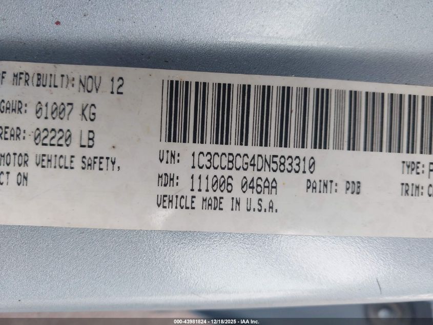 2013 Chrysler 200 Limited VIN: 1C3CCBCG4DN583310 Lot: 43981824