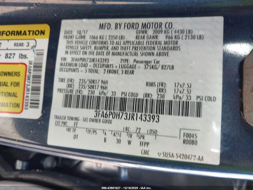 2018 Ford Fusion Se VIN: 3FA6P0H73JR143393 Lot: 43981827