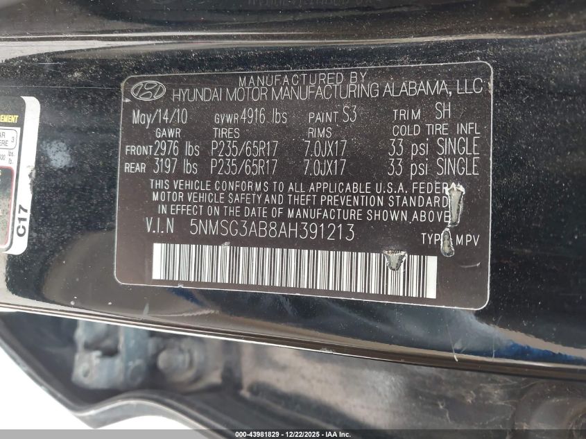 2010 Hyundai Santa Fe Gls VIN: 5NMSG3AB8AH391213 Lot: 43981829
