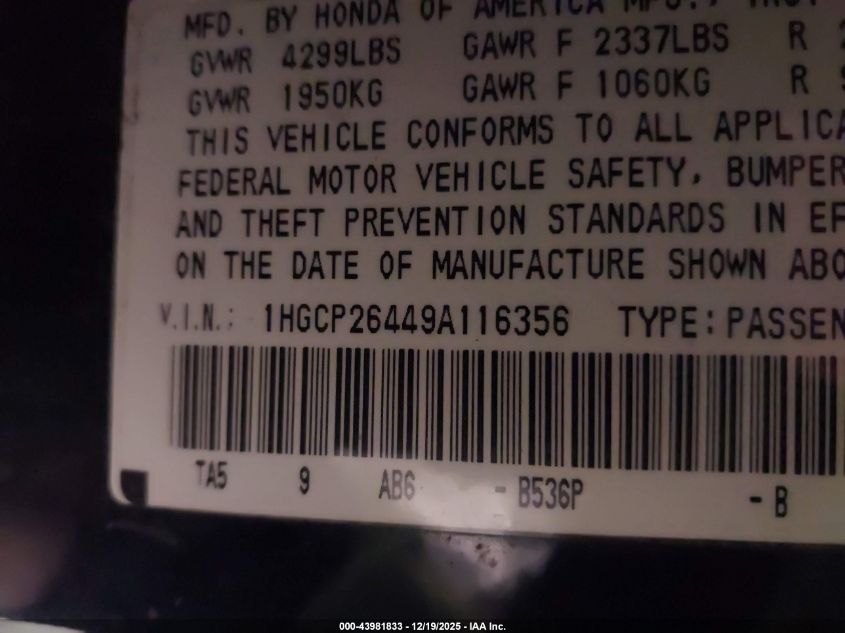 2009 Honda Accord 2.4 Lx-P VIN: 1HGCP26449A116356 Lot: 43981833