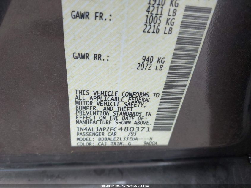 2015 Nissan Altima 2.5 S VIN: 1N4AL3AP2FC480371 Lot: 43981835