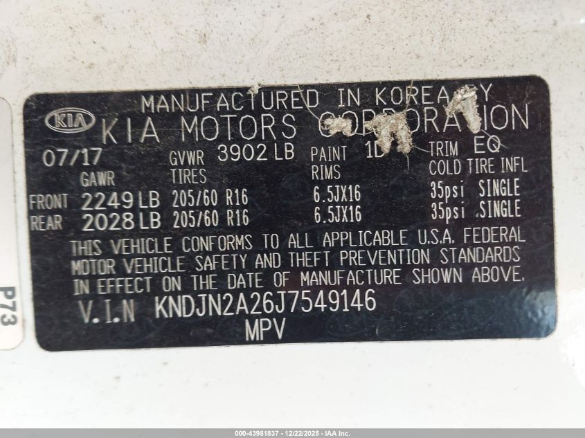 2018 Kia Soul VIN: KNDJN2A26J7549146 Lot: 43981837