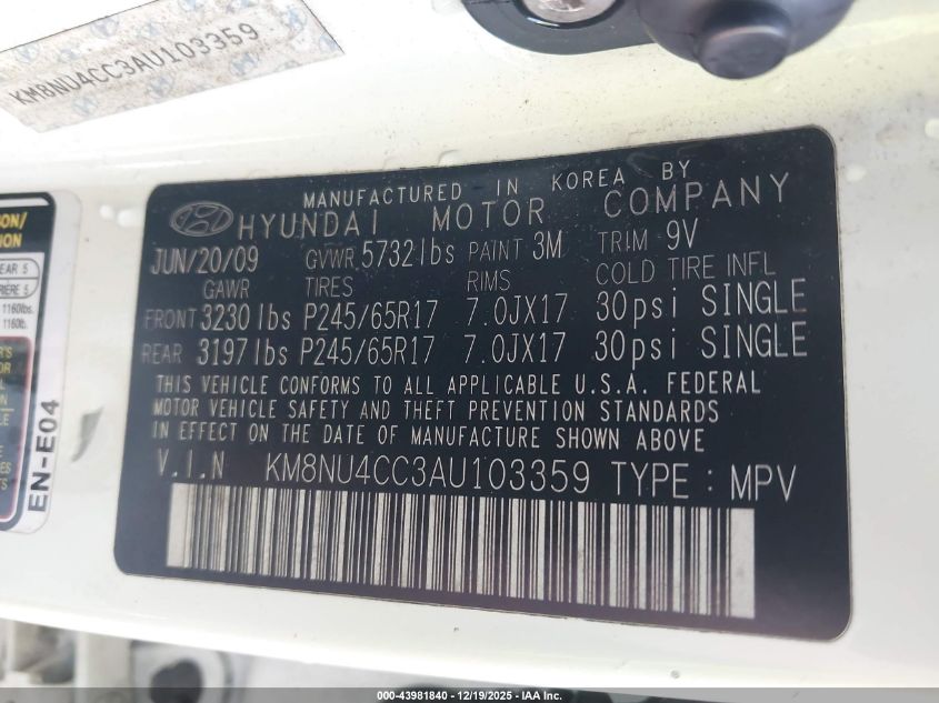 2010 Hyundai Veracruz Gls VIN: KM8NU4CC3AU103359 Lot: 43981840