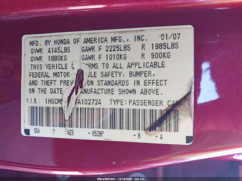 2007 Honda Accord 2.4 Se VIN: 1HGCM56357A102724 Lot: 43981841