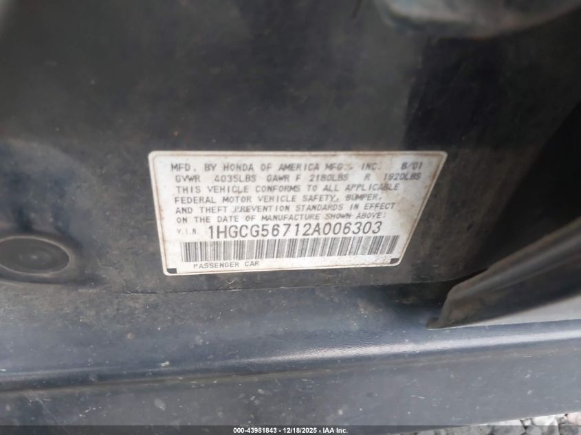 2002 Honda Accord 2.3 Se VIN: 1HGCG56712A006303 Lot: 43981843