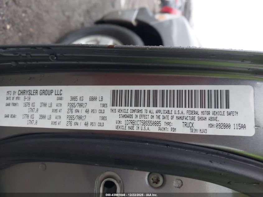 2011 Ram Ram 1500 Slt VIN: 1D7RB1CT5BS550885 Lot: 43981846