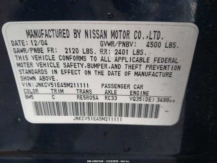 2005 Infiniti G35 VIN: JNKCV51E45M211111 Lot: 43981848