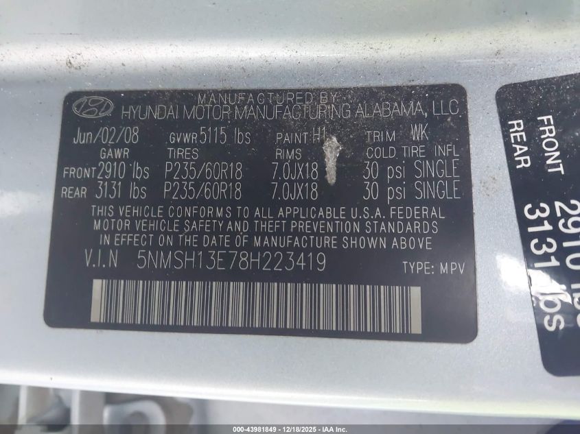 2008 Hyundai Santa Fe Limited/Se VIN: 5NMSH13E78H223419 Lot: 43981849