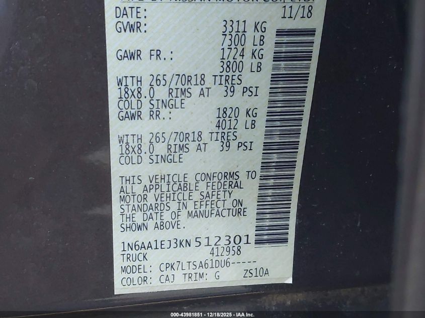 2019 Nissan Titan Sv VIN: 1N6AA1EJ3KN512301 Lot: 43981851