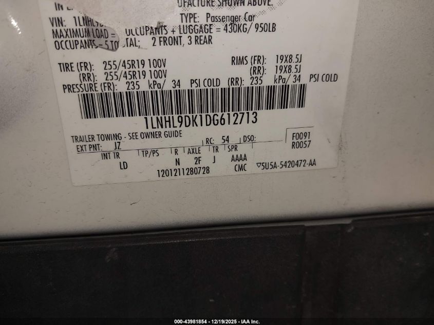 2013 Lincoln Mks VIN: 1LNHL9DK1DG612713 Lot: 43981854