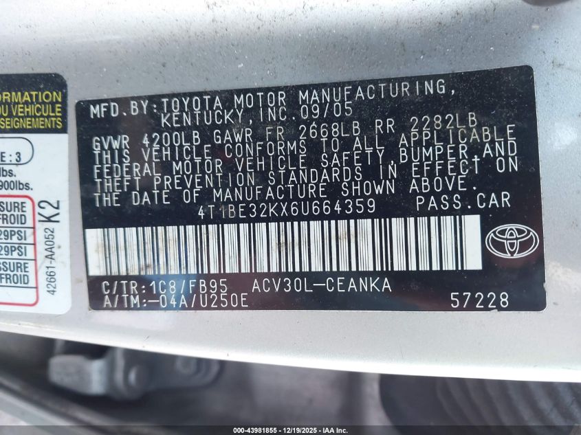 2006 Toyota Camry Le VIN: 4T1BE32KX6U664359 Lot: 43981855