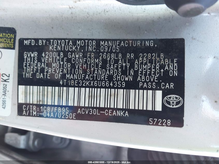 2006 Toyota Camry Le VIN: 4T1BE32KX6U664359 Lot: 43981855