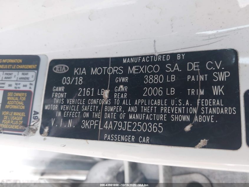 2018 Kia Forte Lx VIN: 3KPFL4A79JE250365 Lot: 43981858