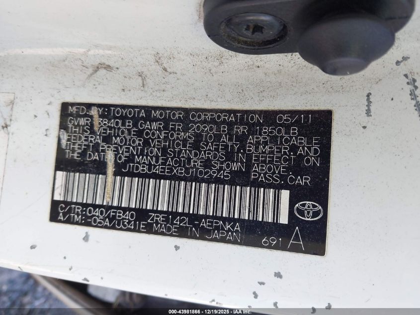 2011 Toyota Corolla Le VIN: JTDBU4EEXBJ102945 Lot: 43981866