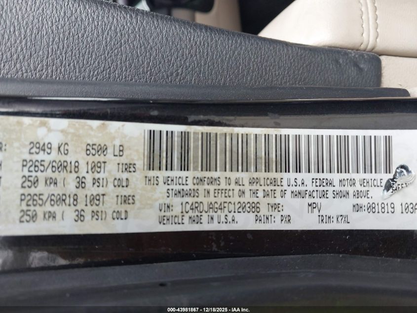 2015 Dodge Durango Sxt VIN: 1C4RDJAG4FC120386 Lot: 43981867