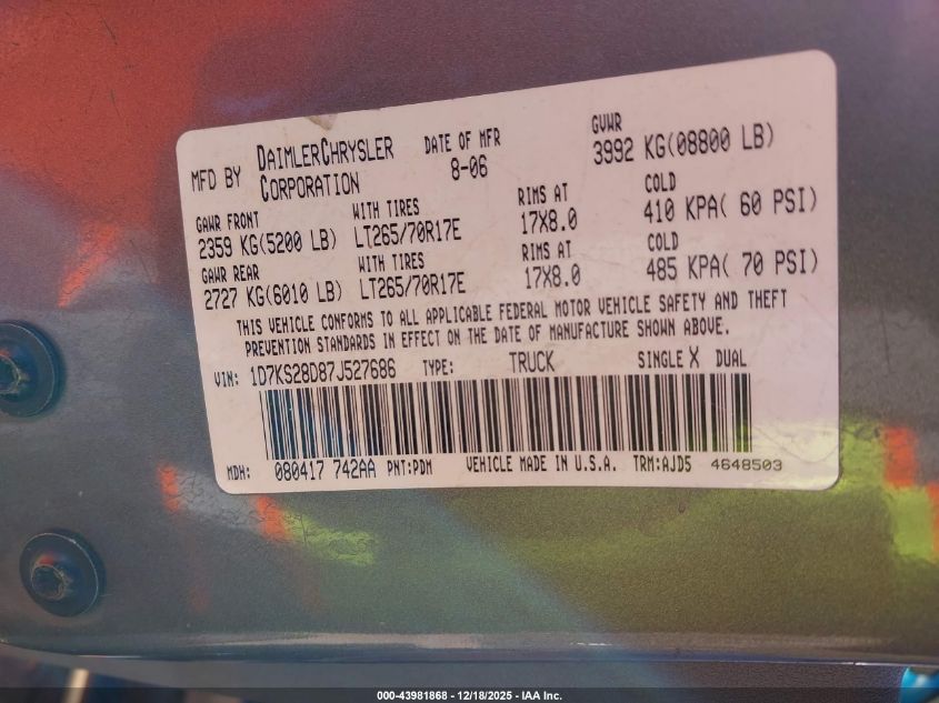 2007 Dodge Ram 2500 Slt/Trx4 Off Road/Sport/Power Wagon VIN: 1D7KS28D87J527686 Lot: 43981868