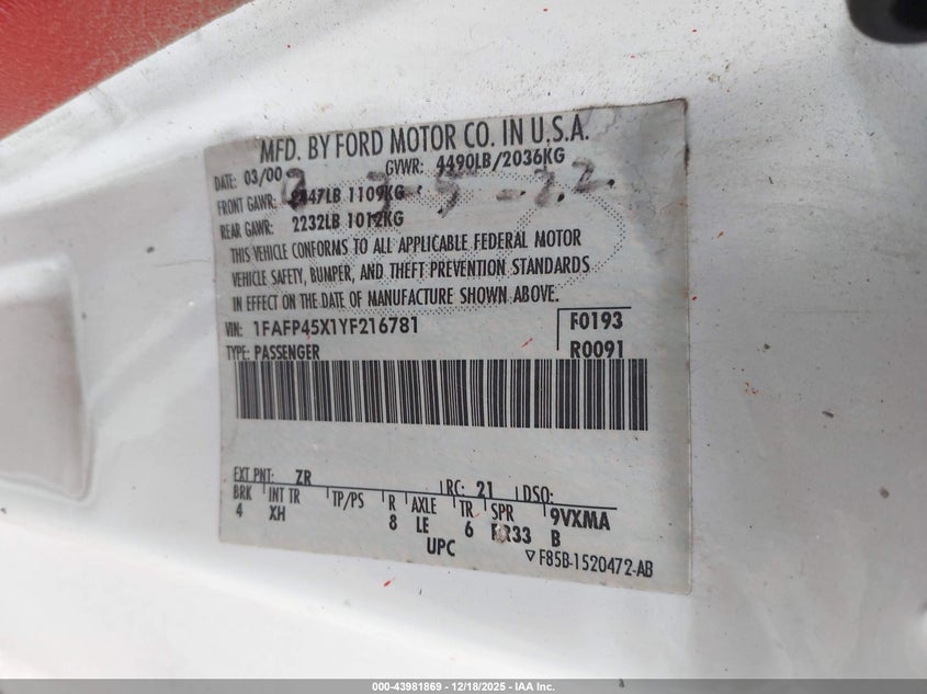 1FAFP45X1YF216781 2000 FORD MUSTANG photo no. 9