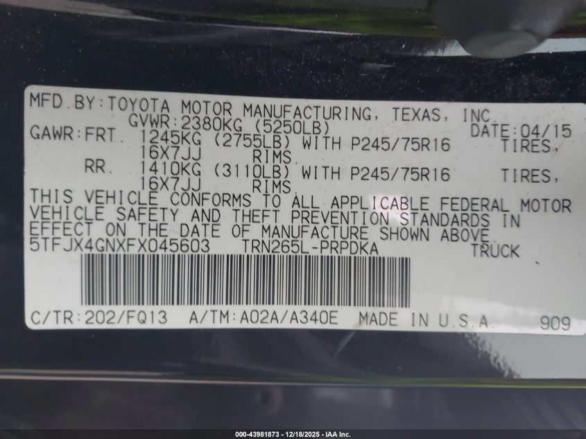 2015 Toyota Tacoma Prerunner VIN: 5TFJX4GNXFX045603 Lot: 43981873