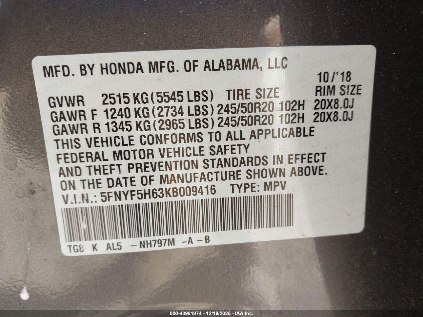 2019 Honda Pilot Touring VIN: 5FNYF5H63KB009416 Lot: 43981874