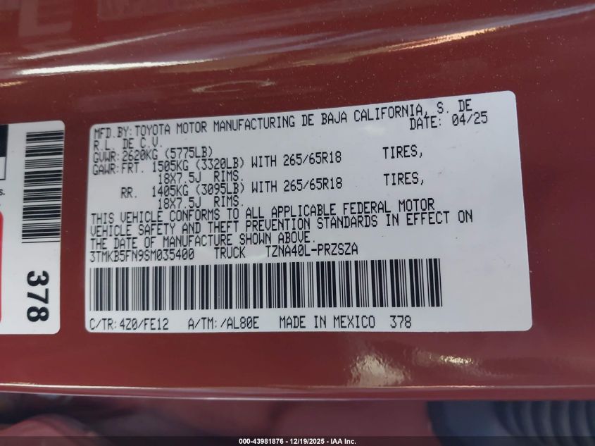 2025 Toyota Tacoma Trd Sport 2Wd VIN: 3TMKB5FN9SM035400 Lot: 43981876