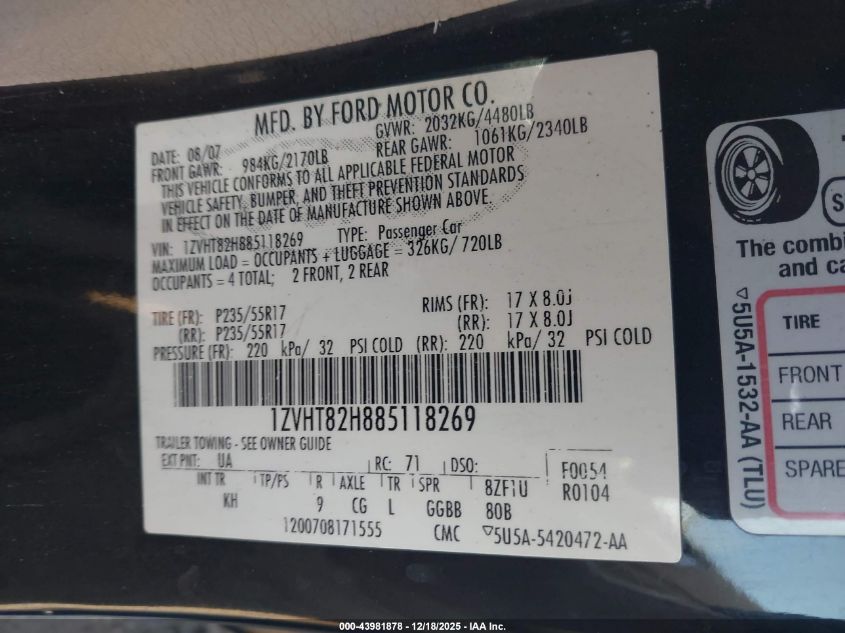 2008 Ford Mustang Gt Deluxe/Gt Premium VIN: 1ZVHT82H885118269 Lot: 43981878