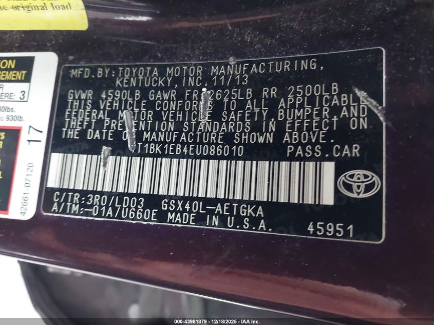 2014 Toyota Avalon Xle VIN: 4T1BK1EB4EU086010 Lot: 43981879