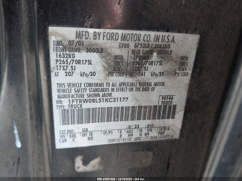 2001 Ford F-150 King Ranch Edition/Lariat/Xlt VIN: 1FTRW08L51KC31177 Lot: 43981880