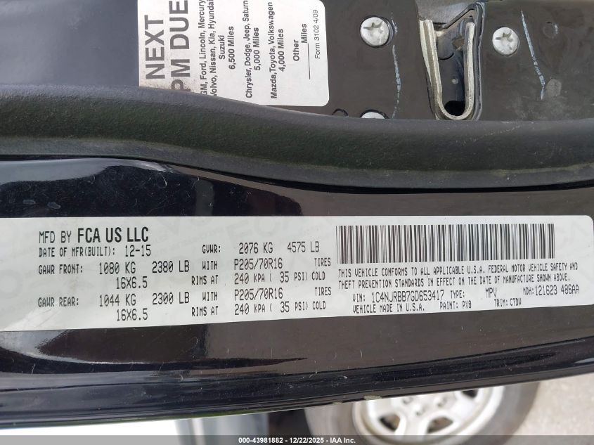 2016 Jeep Patriot Sport VIN: 1C4NJRBB7GD653417 Lot: 43981882