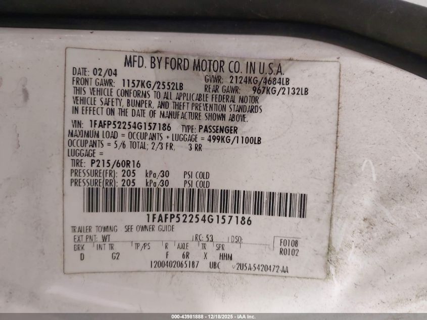 2004 Ford Taurus Lx VIN: 1FAFP52254G157186 Lot: 43981888