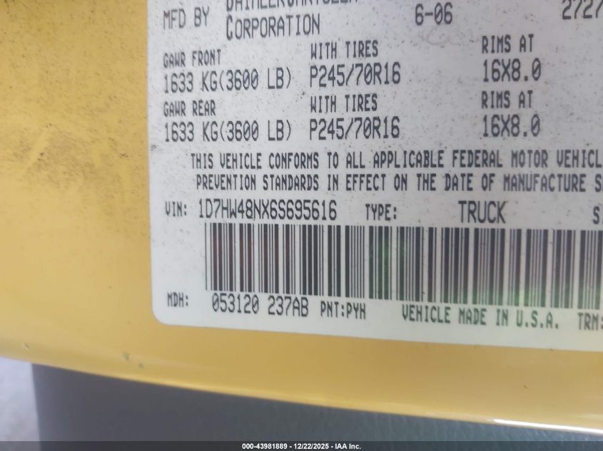 2006 Dodge Dakota Slt VIN: 1D7HW48NX6S695616 Lot: 43981889