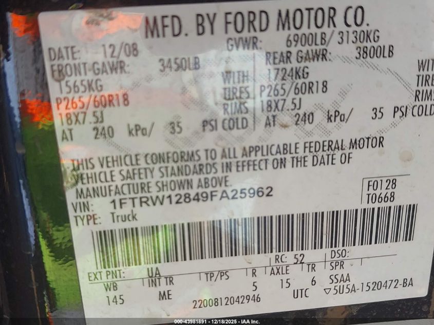 2009 Ford F-150 Xl/Xlt VIN: 1FTRW12849FA25962 Lot: 43981891