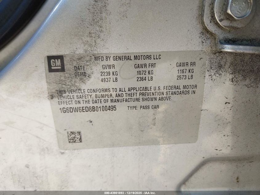 2011 Cadillac Sts Luxury VIN: 1G6DW6ED8B0100495 Lot: 43981893