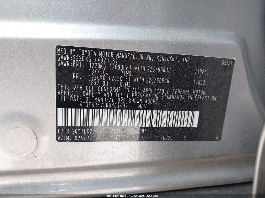 2024 Toyota Rav4 Hybrid Xse VIN: 4T3E6RFV3RU164492 Lot: 43981895