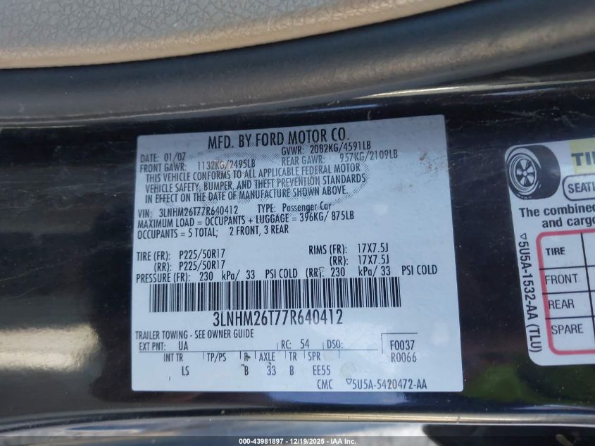 2007 Lincoln Mkz VIN: 3LNHM26T77R640412 Lot: 43981897