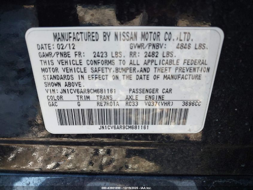 2012 Infiniti G37X VIN: JN1CV6AR9CM681161 Lot: 43981898