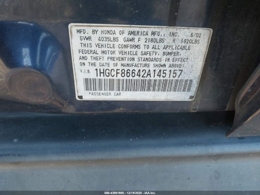 2002 Honda Accord 2.3 Vp VIN: 1HGCF86642A145157 Lot: 43981900
