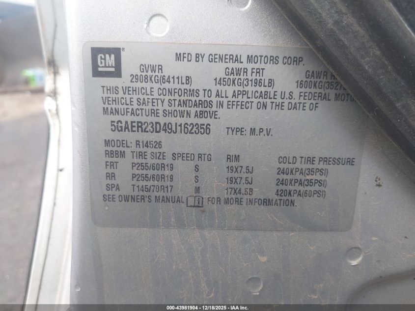 2009 Buick Enclave Cxl VIN: 5GAER23D49J162356 Lot: 43981904