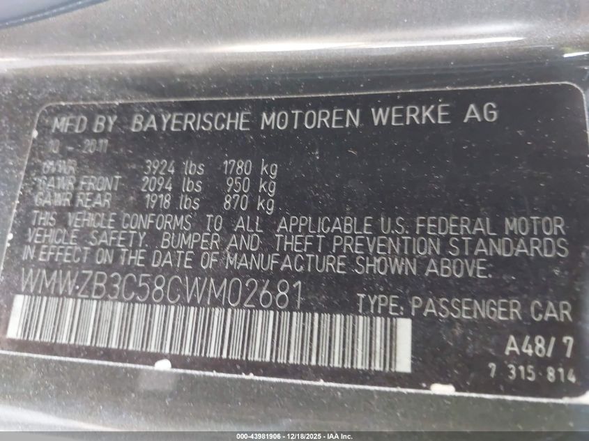 2012 Mini Cooper Countryman VIN: WMWZB3C58CWM02681 Lot: 43981906