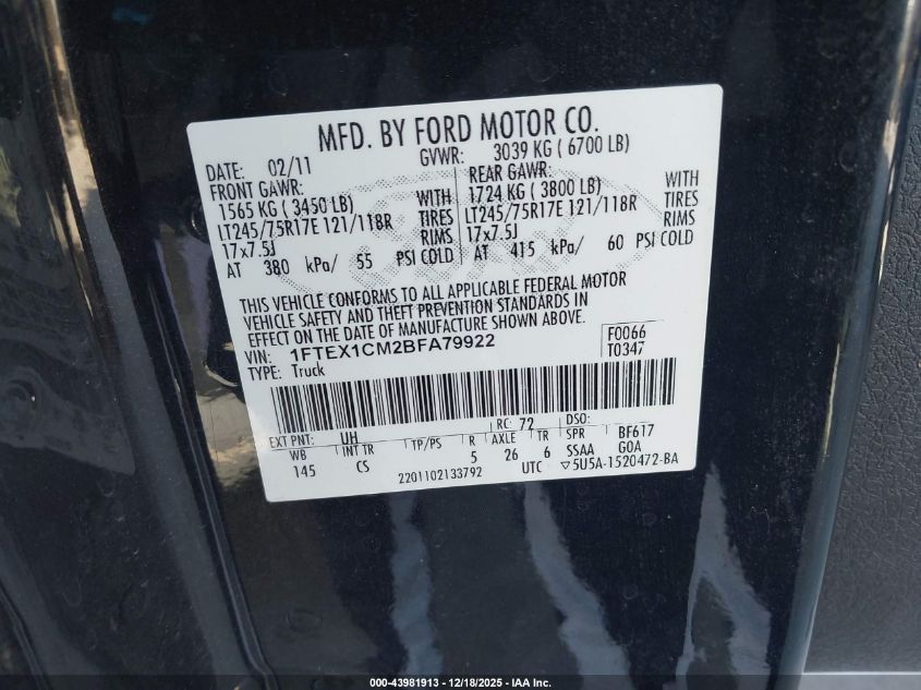 2011 Ford F-150 Xl VIN: 1FTEX1CM2BFA79922 Lot: 43981913