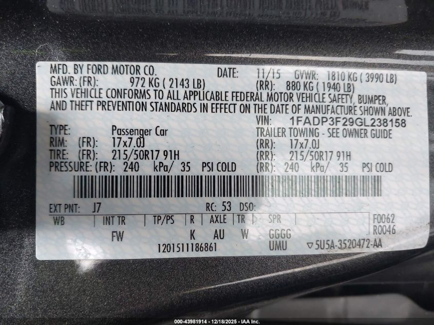 2016 Ford Focus Se VIN: 1FADP3F29GL238158 Lot: 43981914