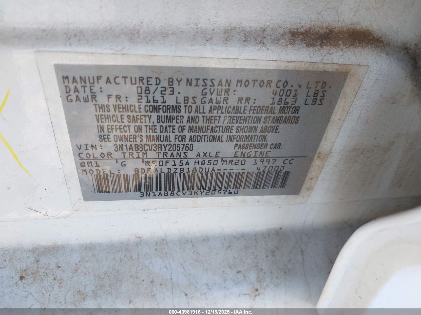 2024 Nissan Sentra Sv Xtronic Cvt VIN: 3N1AB8CV3RY205760 Lot: 43981916