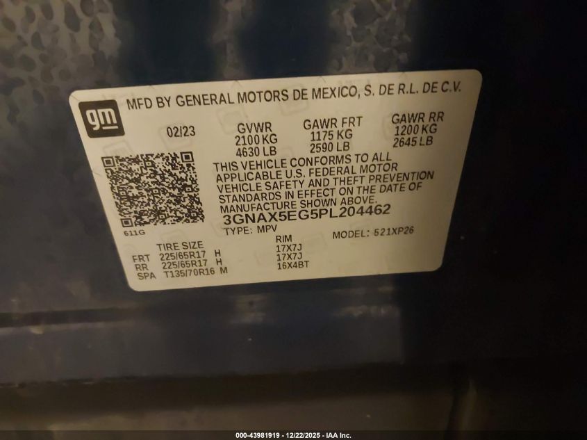 2023 Chevrolet Equinox Awd 1Fl VIN: 3GNAX5EG5PL204462 Lot: 43981919
