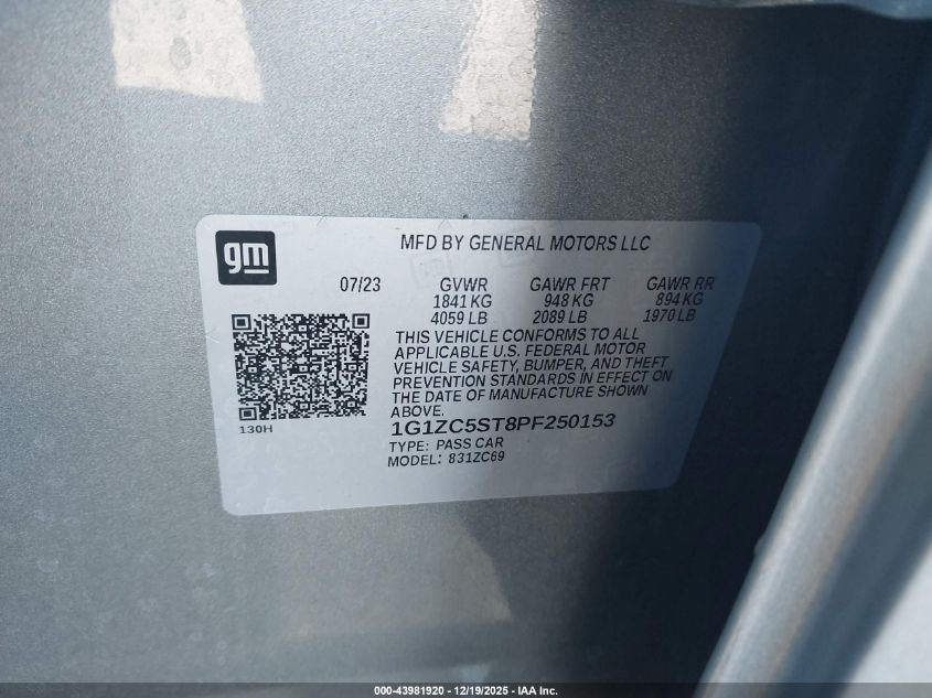 2023 Chevrolet Malibu Fwd 1Fl VIN: 1G1ZC5ST8PF250153 Lot: 43981920