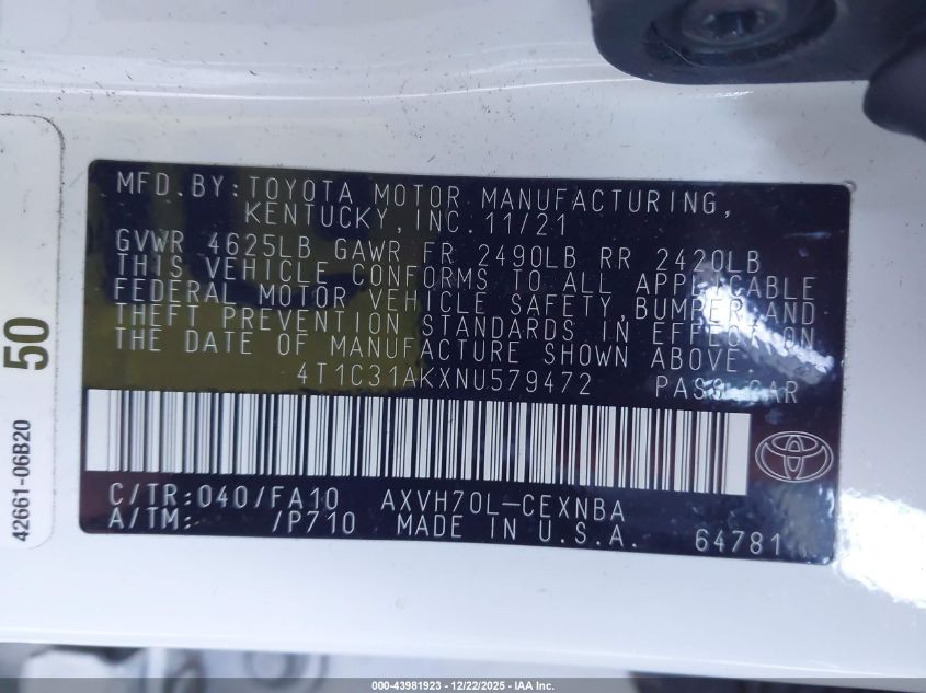 2022 Toyota Camry Le Hybrid VIN: 4T1C31AKXNU579472 Lot: 43981923