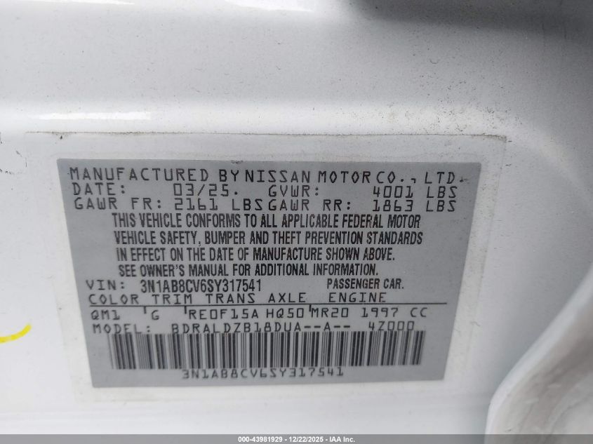 2025 Nissan Sentra Sv VIN: 3N1AB8CV6SY317541 Lot: 43981929