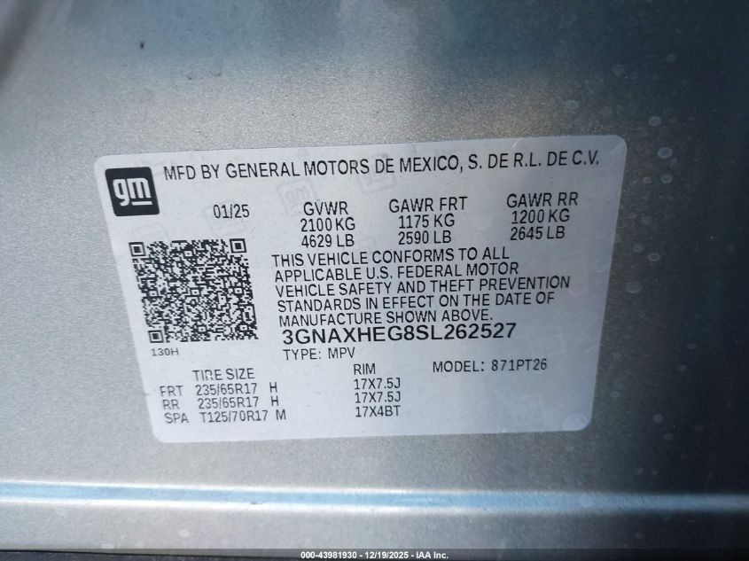 2025 Chevrolet Equinox Fwd Lt VIN: 3GNAXHEG8SL262527 Lot: 43981930