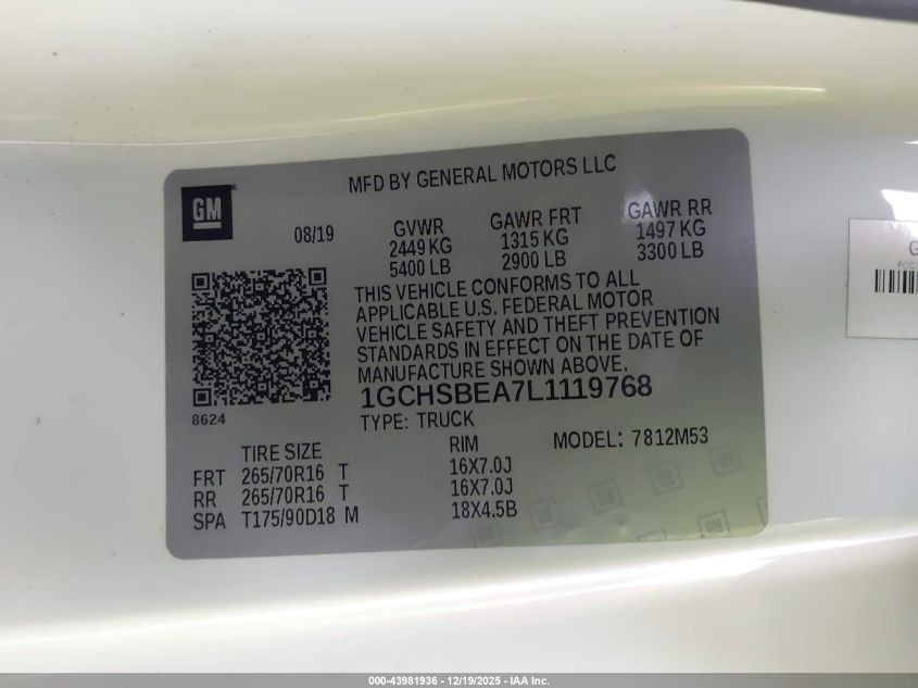 2020 Chevrolet Colorado 2Wd Long Box Wt VIN: 1GCHSBEA7L1119768 Lot: 43981936
