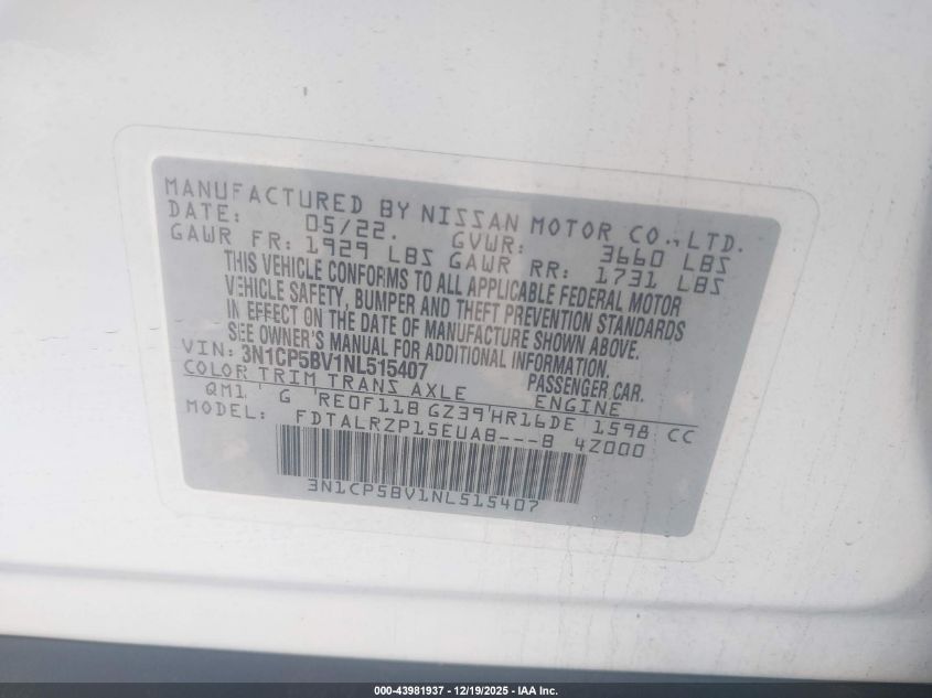 2022 Nissan Kicks S Xtronic Cvt VIN: 3N1CP5BV1NL515407 Lot: 43981937