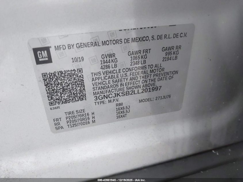 2020 Chevrolet Trax Fwd Ls VIN: 3GNCJKSB2LL201997 Lot: 43981945